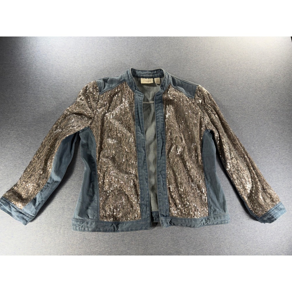 Chico's Women Denim Sequin Jacket Size 0 Small Rose Gold Blue Open Front Glam